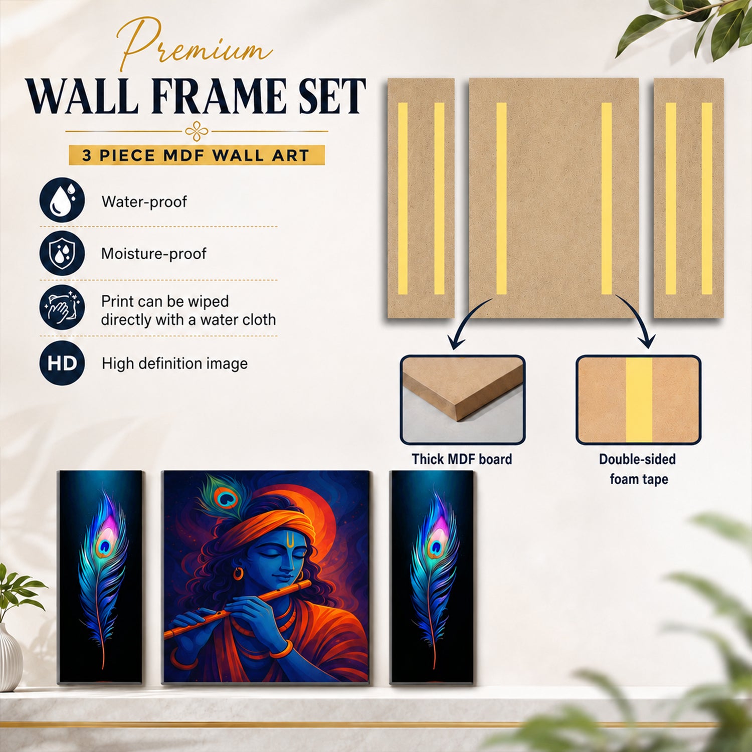Krishna 3 Panel Mdf Wall Frame Wall Art Painting 16.5x12in (1 Pc)