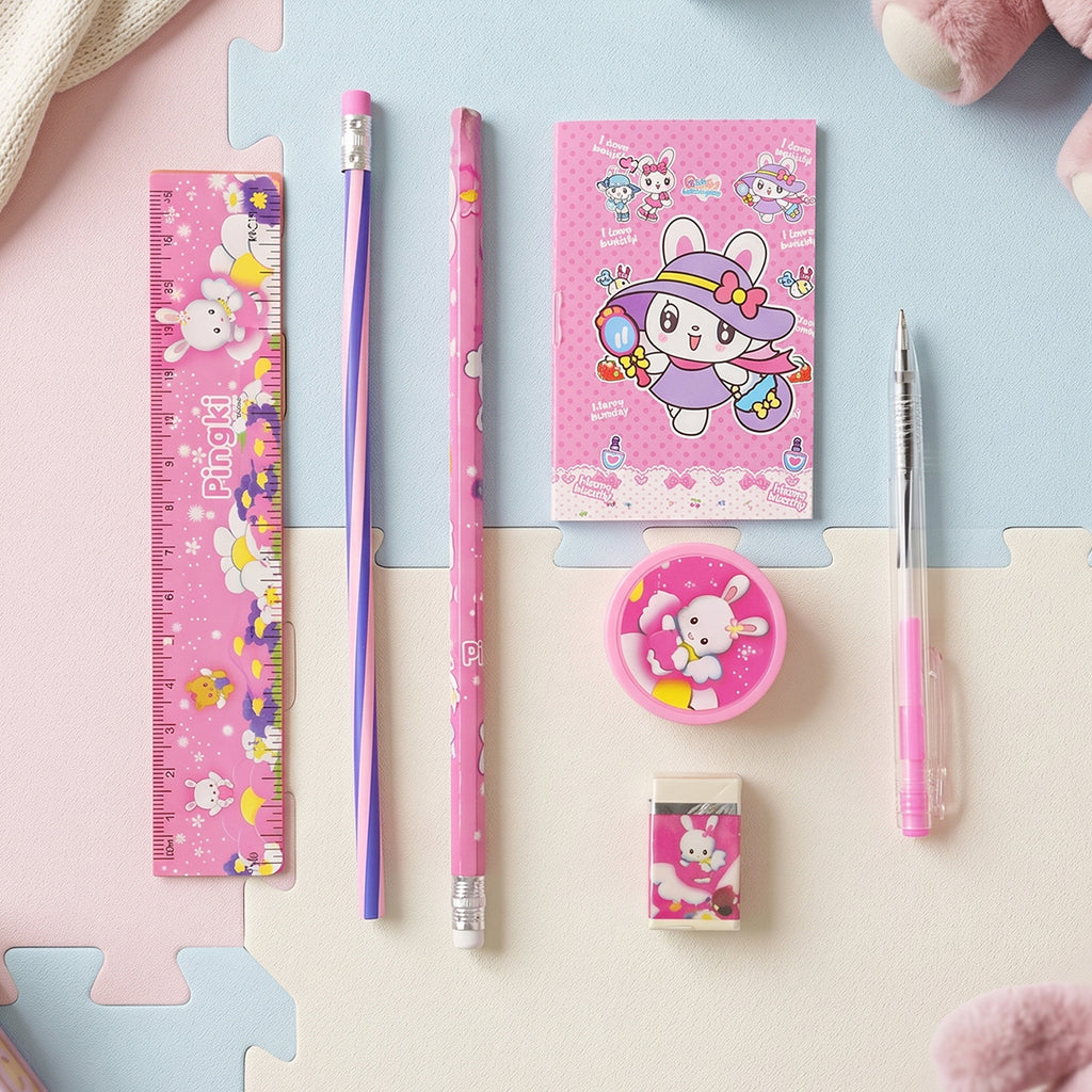 7-in-1 Cute Pink Stationery Set With Ruler Pencil Eraser Pen Notebook Sharpener
