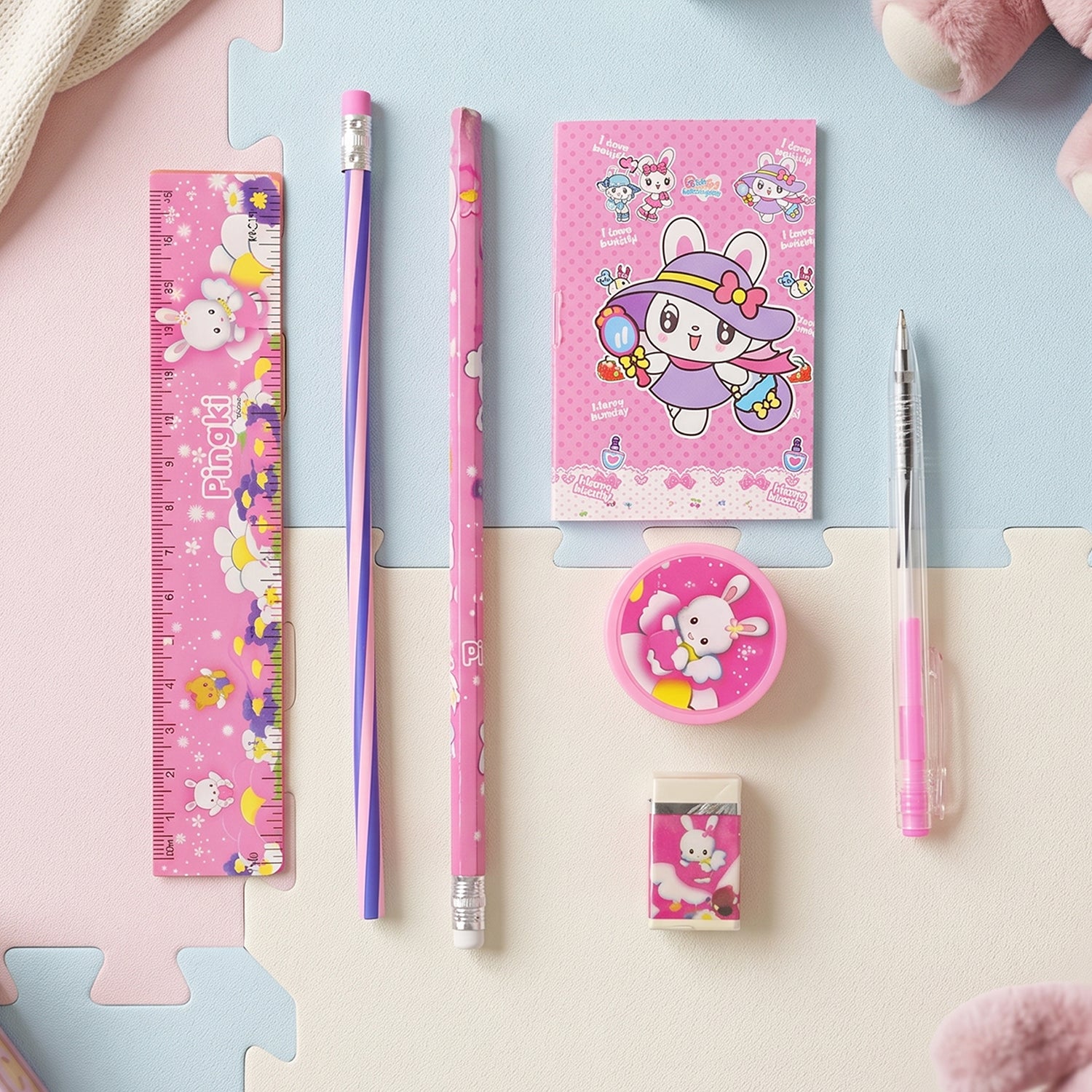 7-in-1 Cute Pink Stationery Set With Ruler Pencil Eraser Pen Notebook Sharpener