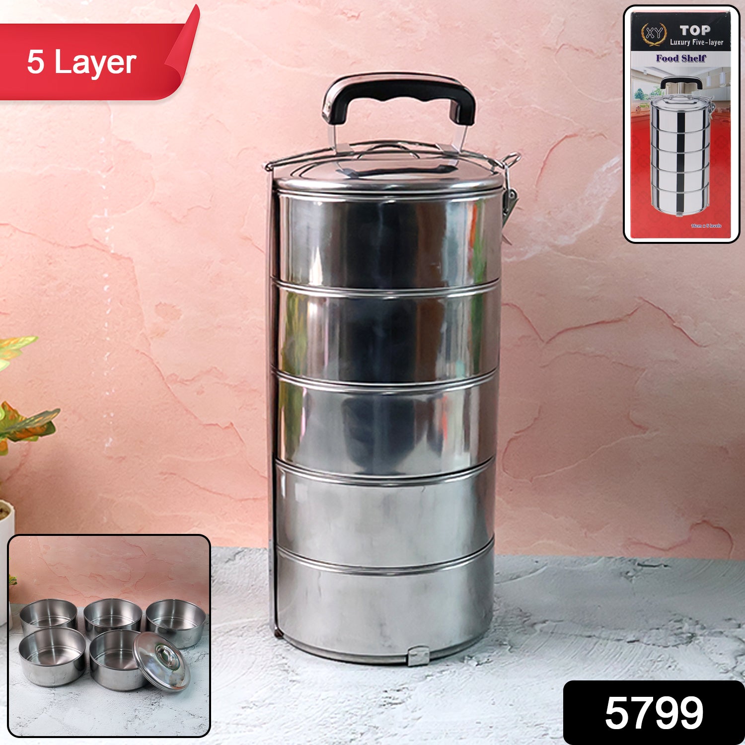 5799 Big Size 5 Compartment Lunch Box Stainless Steel Round Tiffin Traditional Tiffin Box For Kids College Office Men And Women Meal Holder With Locking Clip 5 Containers (16x5 Inch)