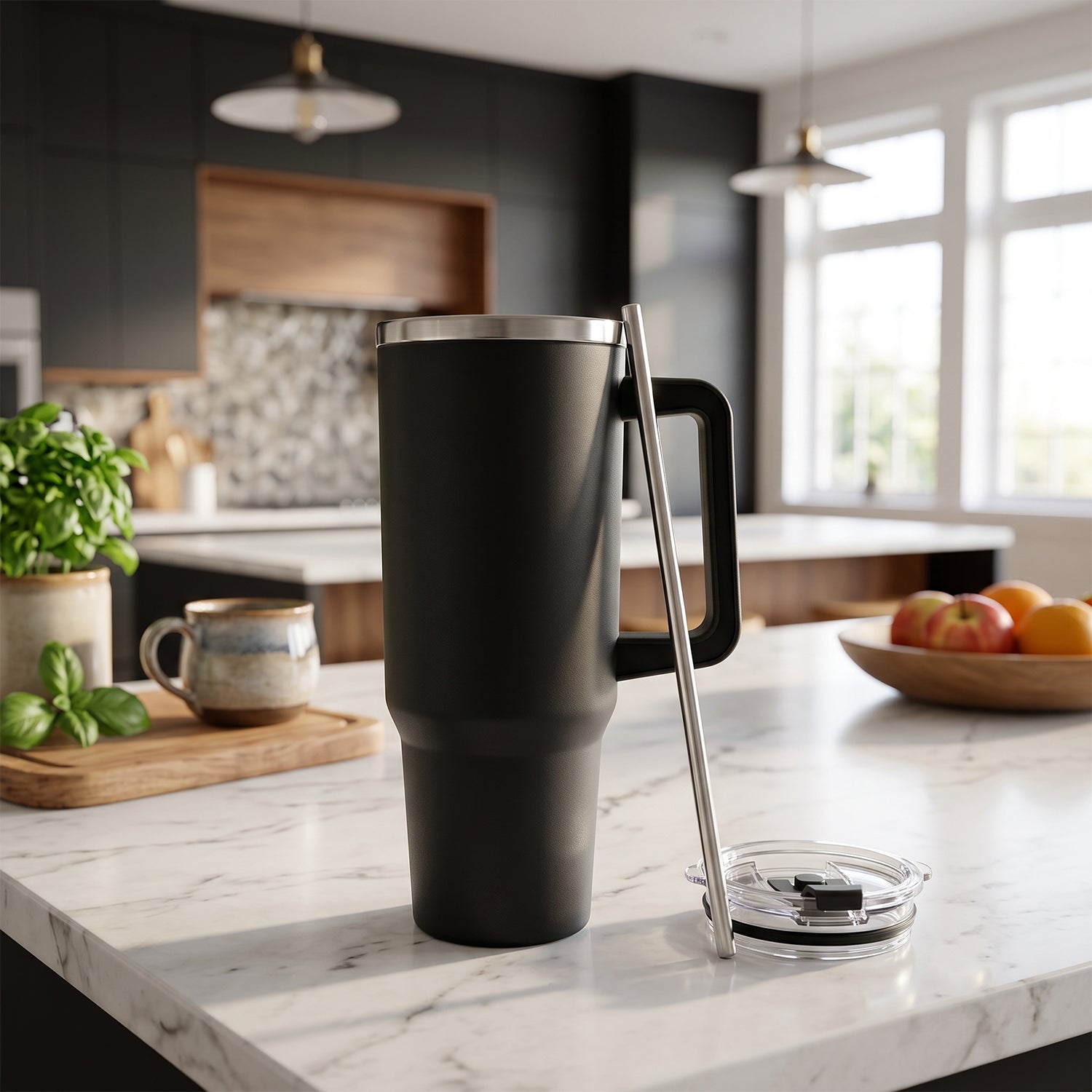 Black vacuum insulated tumbler on white background