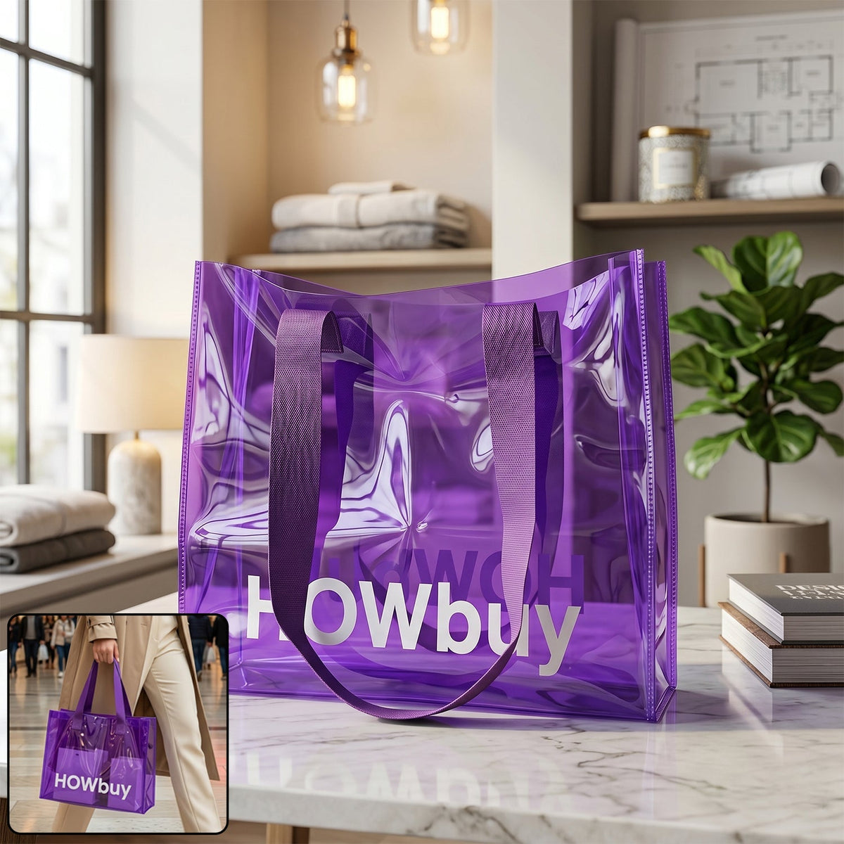 Transparent reusable shopping tote bag with handle strap
