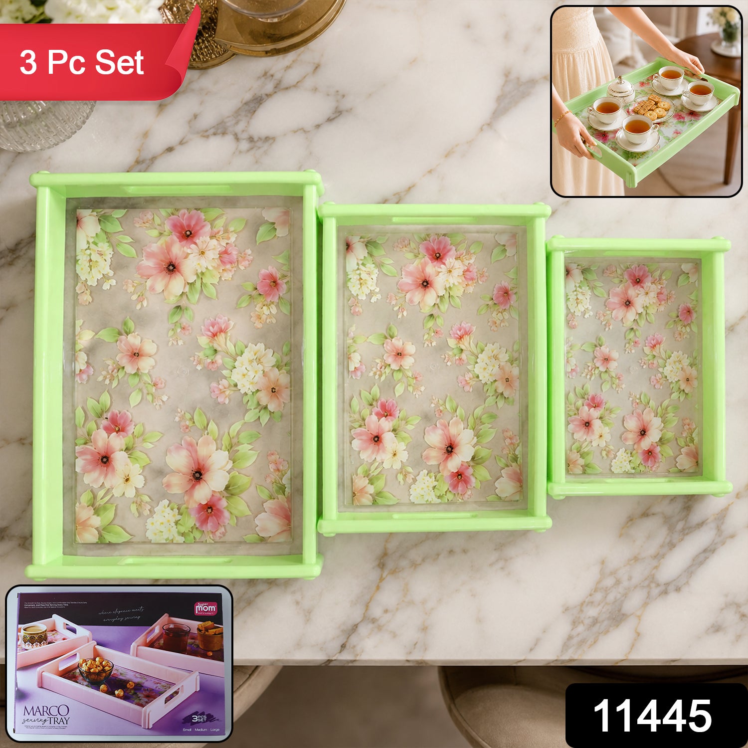 Supermom Floral Printed Multipurpose Serving Tray Set (3 Pc Set)