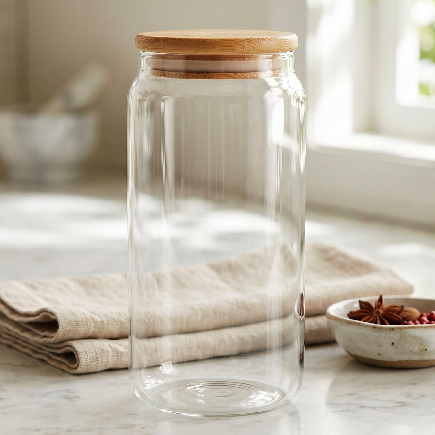 Airtight Glass Storage Jar With Bamboo Wooden Lid For Kitchen Canister (1 Pc)