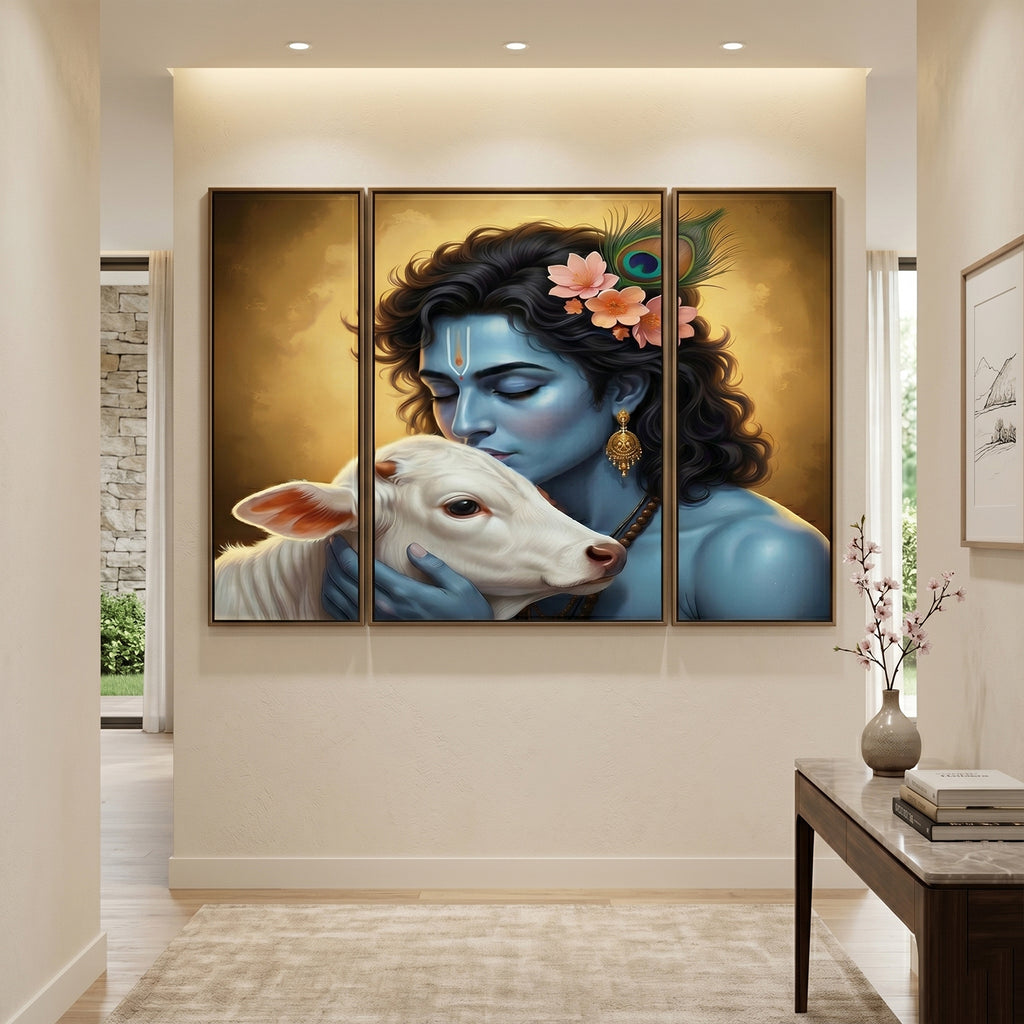 Krishna N Cow 3 Panel Mdf Wall Frame Wall Art Painting 16.5x12in (1 Pc)