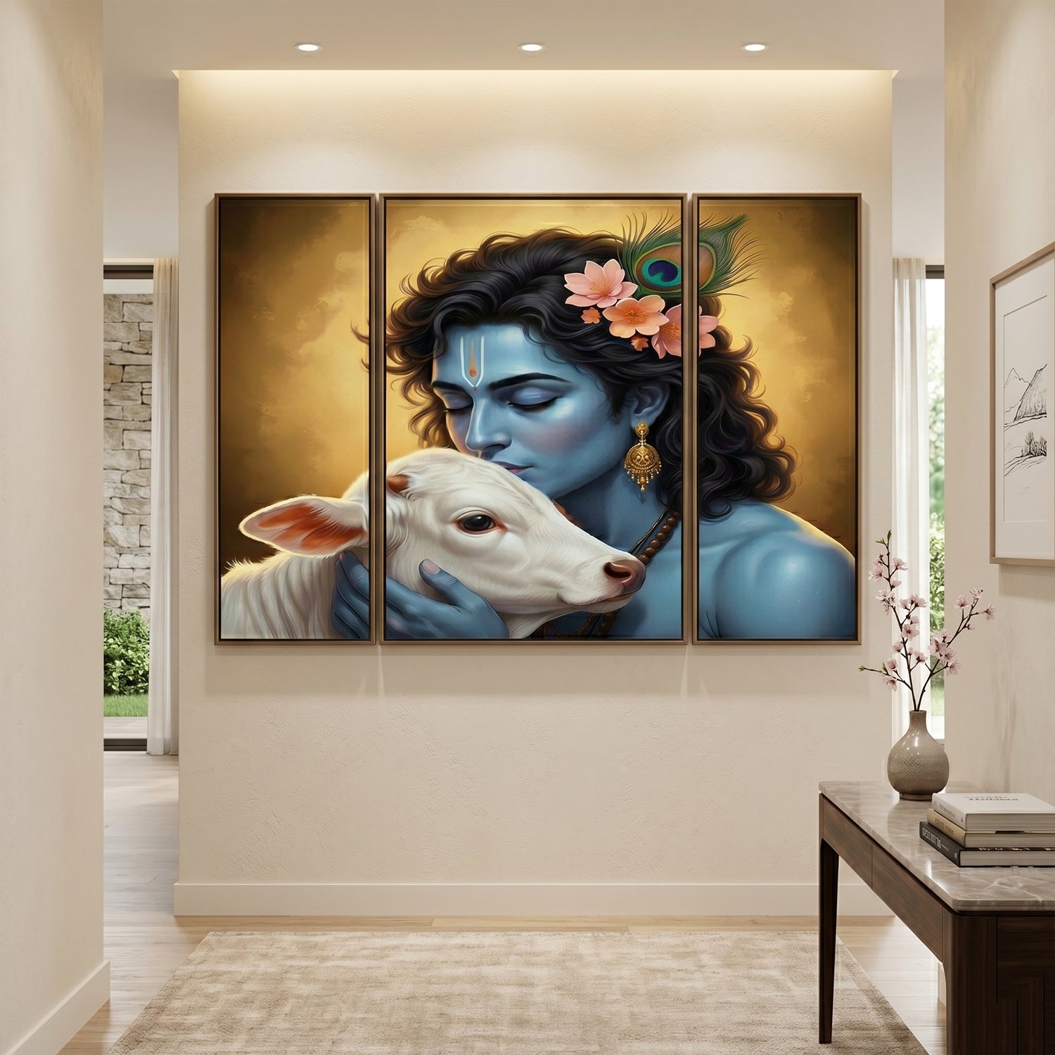 Krishna N Cow 3 Panel Mdf Wall Frame Wall Art Painting 16.5x12in (1 Pc)