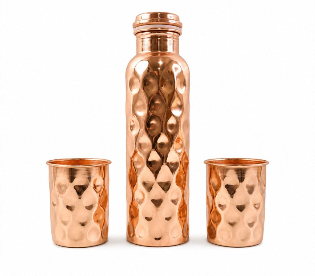 Diamond Cut Copper Water Bottle 2 Glasses With Gift Box (3 Pcs Set)