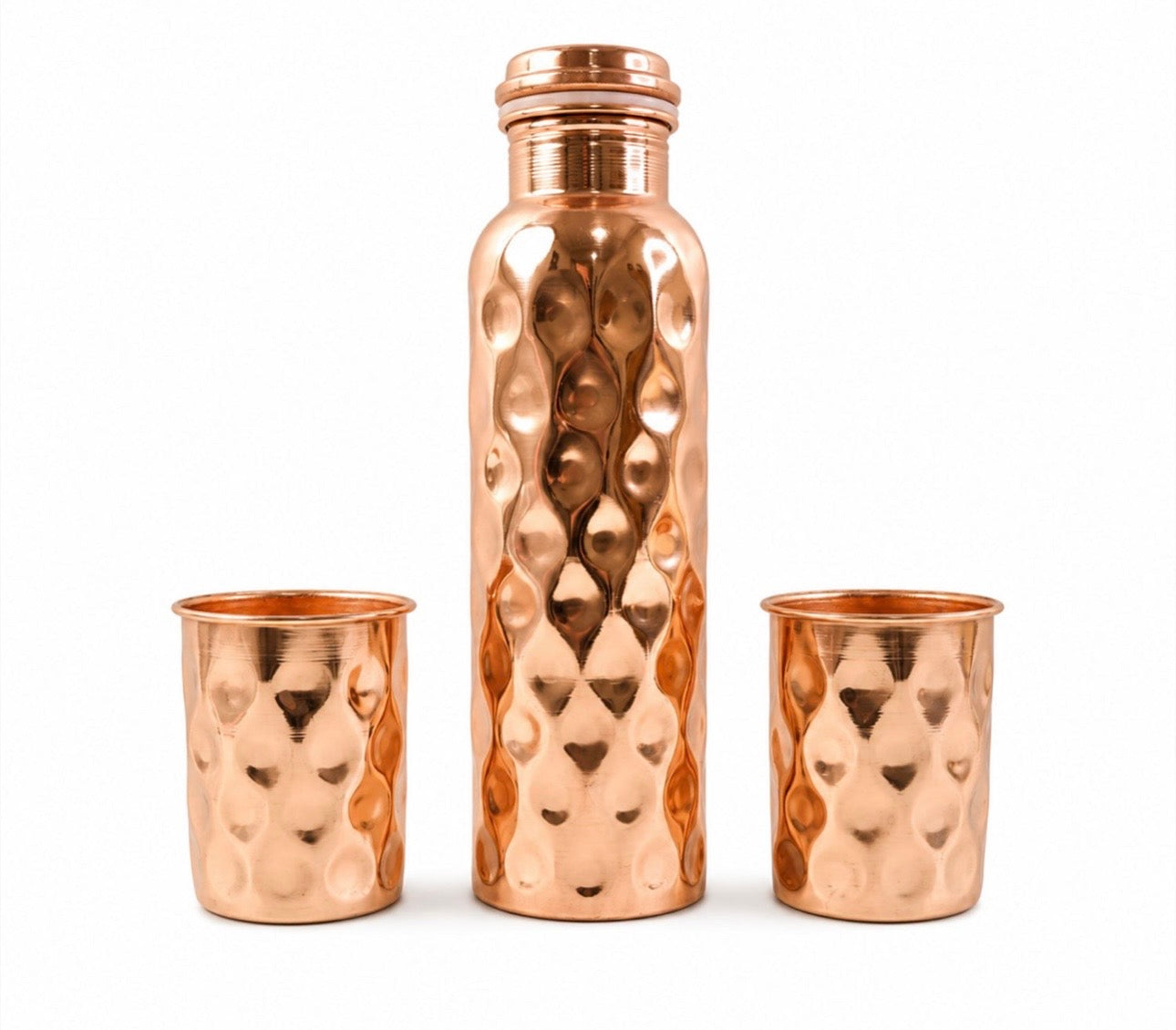 Diamond Cut Copper Water Bottle 2 Glasses With Gift Box (3 Pcs Set)