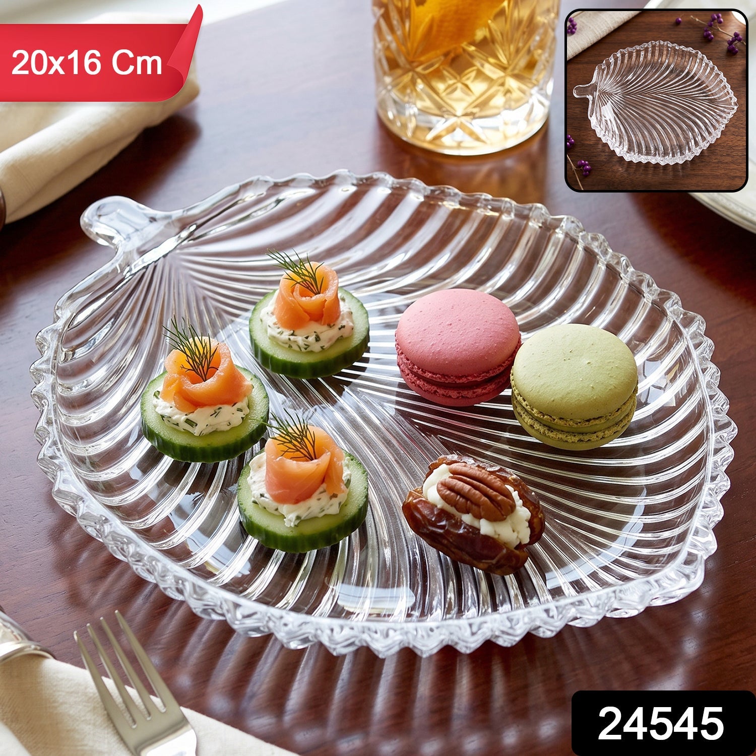 Leaf Shape Glass Serving Tray 20 X 16 Cm Platter For Snacks And Dessert (1 Pc)