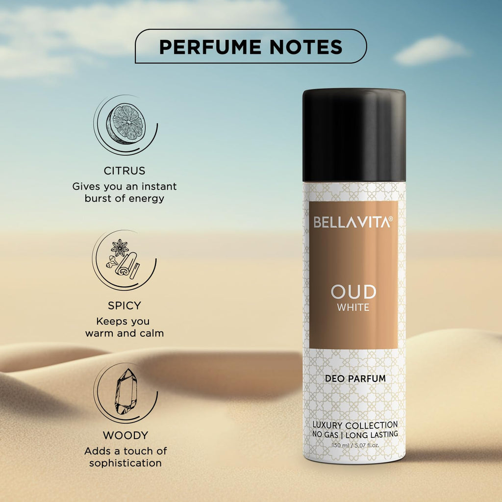 Bellavita Oud White Deo Perfume Body Spray For Men  Women 150 Ml