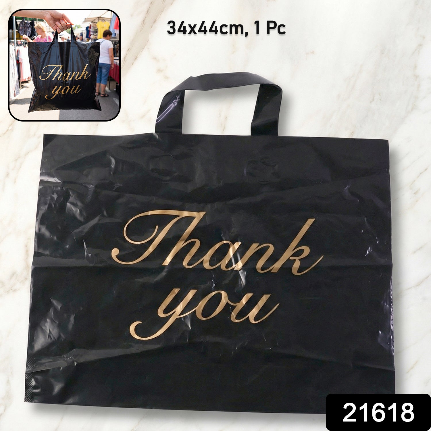 Large Black Thank You Printed Plastic Carry Bag (34  44 Cm 1 Pc)