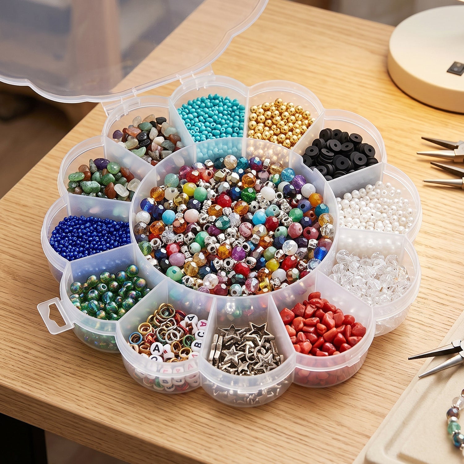 13 Section Flower Shape Transparent Plastic Organizer Storage Box (1 Pc)