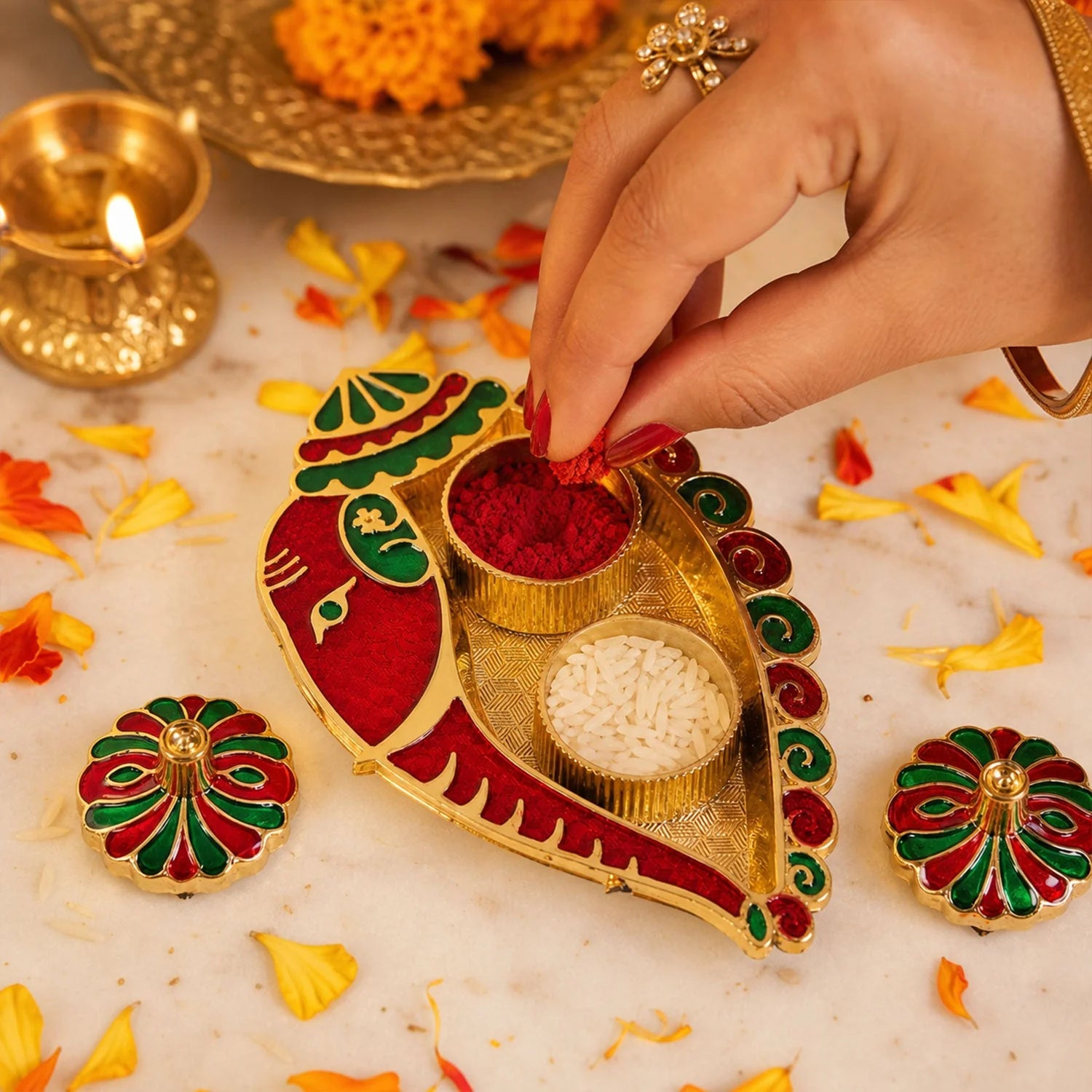 Leaf Shaped Kankavati Kumkum Holder For Puja And Tilak Rituals (1 Pc)