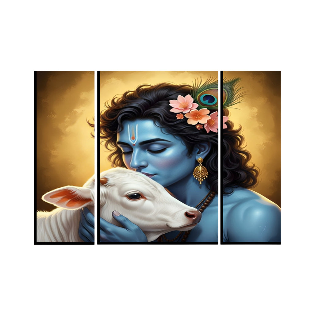Krishna N Cow 3 Panel Mdf Wall Frame Wall Art Painting 16.5x12in (1 Pc)