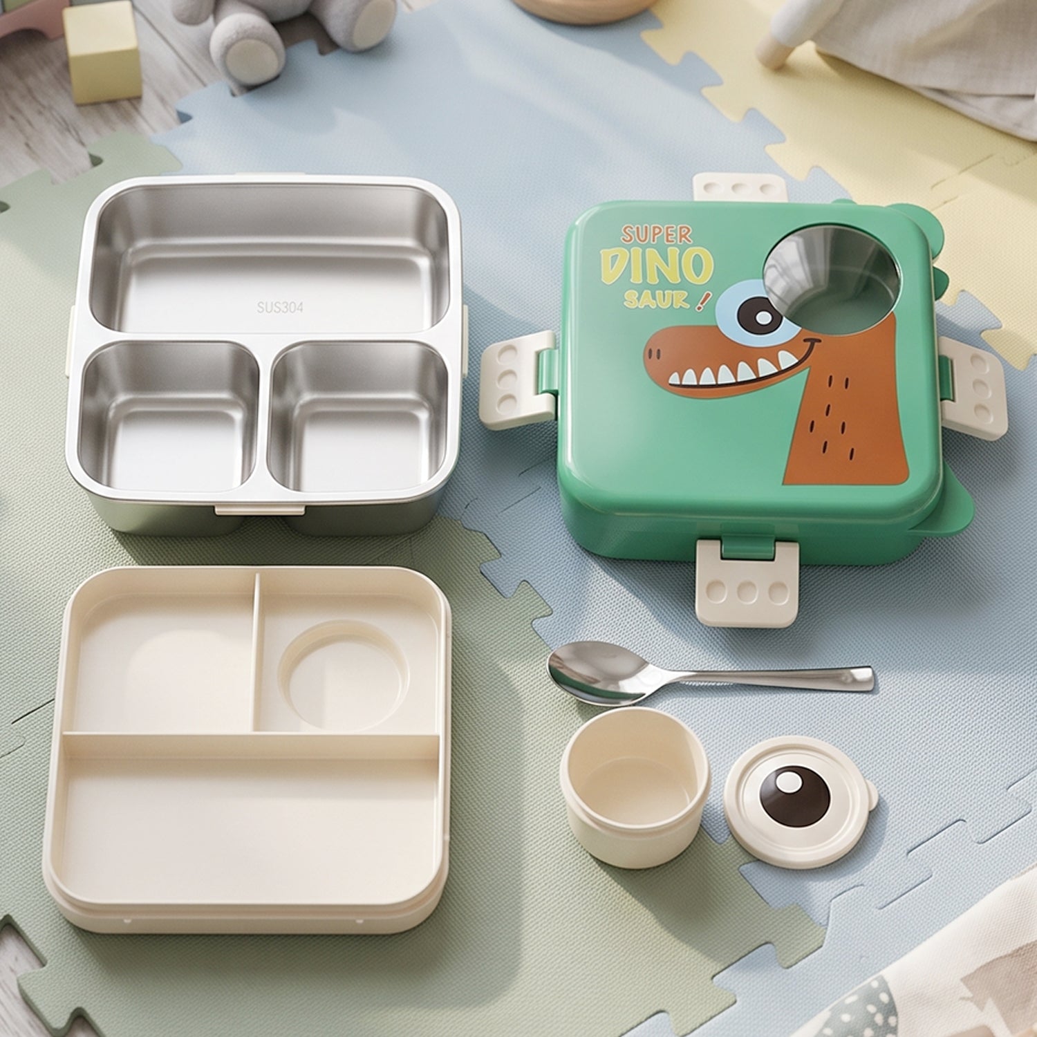 Steel Kids Dinosaur Lunch Box Bento Tiffin With Steel Tray Spoon Sauce Cup (1 Set)