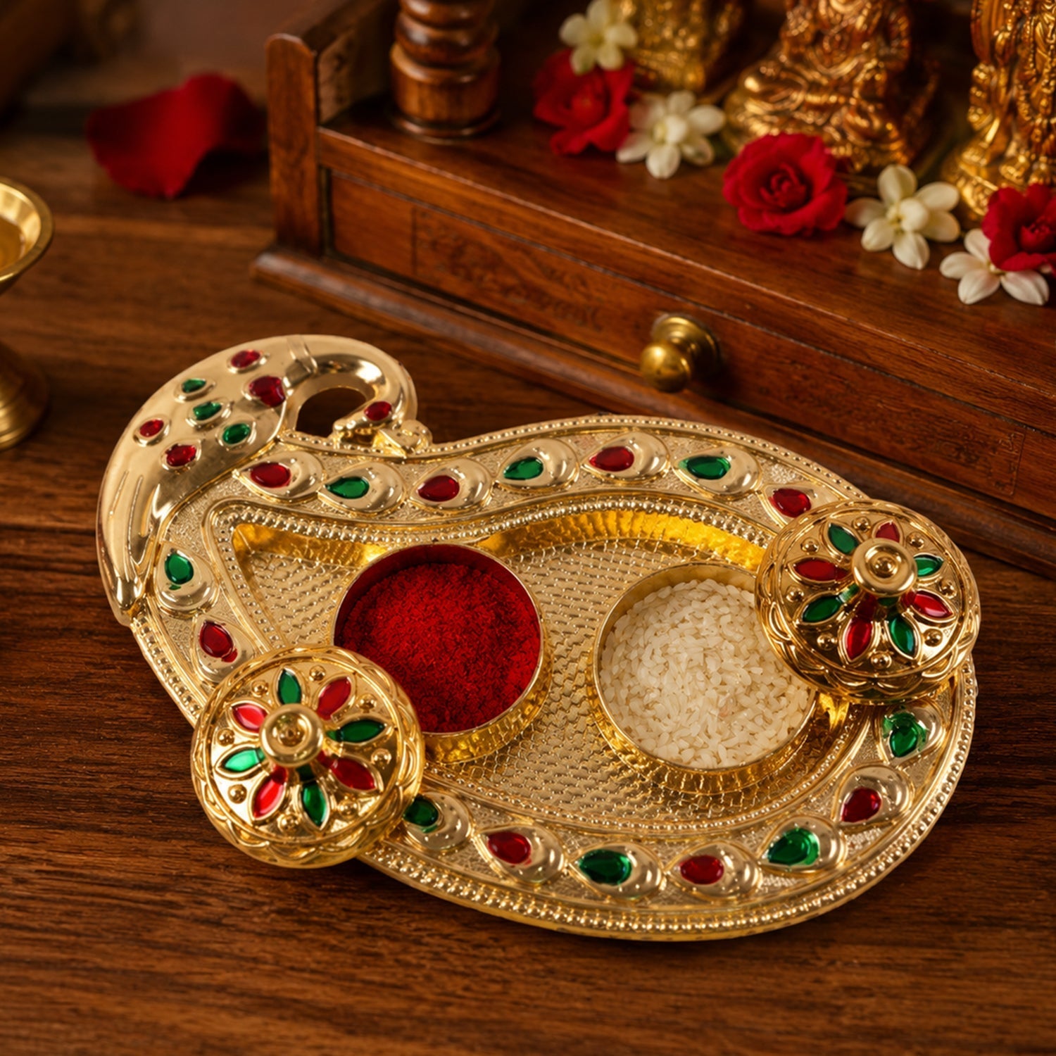 Golden Kumkum Kankavati Holder Decorative Roli Akshat Tika Box For Pooja (1 Pc)
