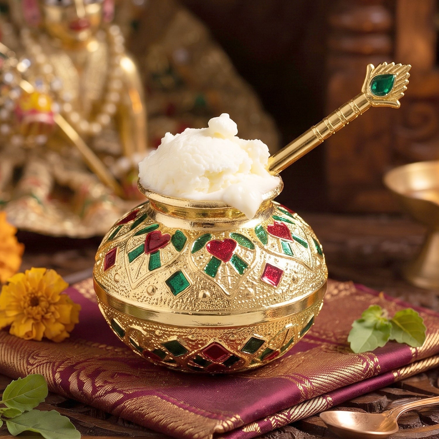 Laddu Gopal Makhan Matki With Spoon Set Decorative Pooja Pot (2 Pc Set)
