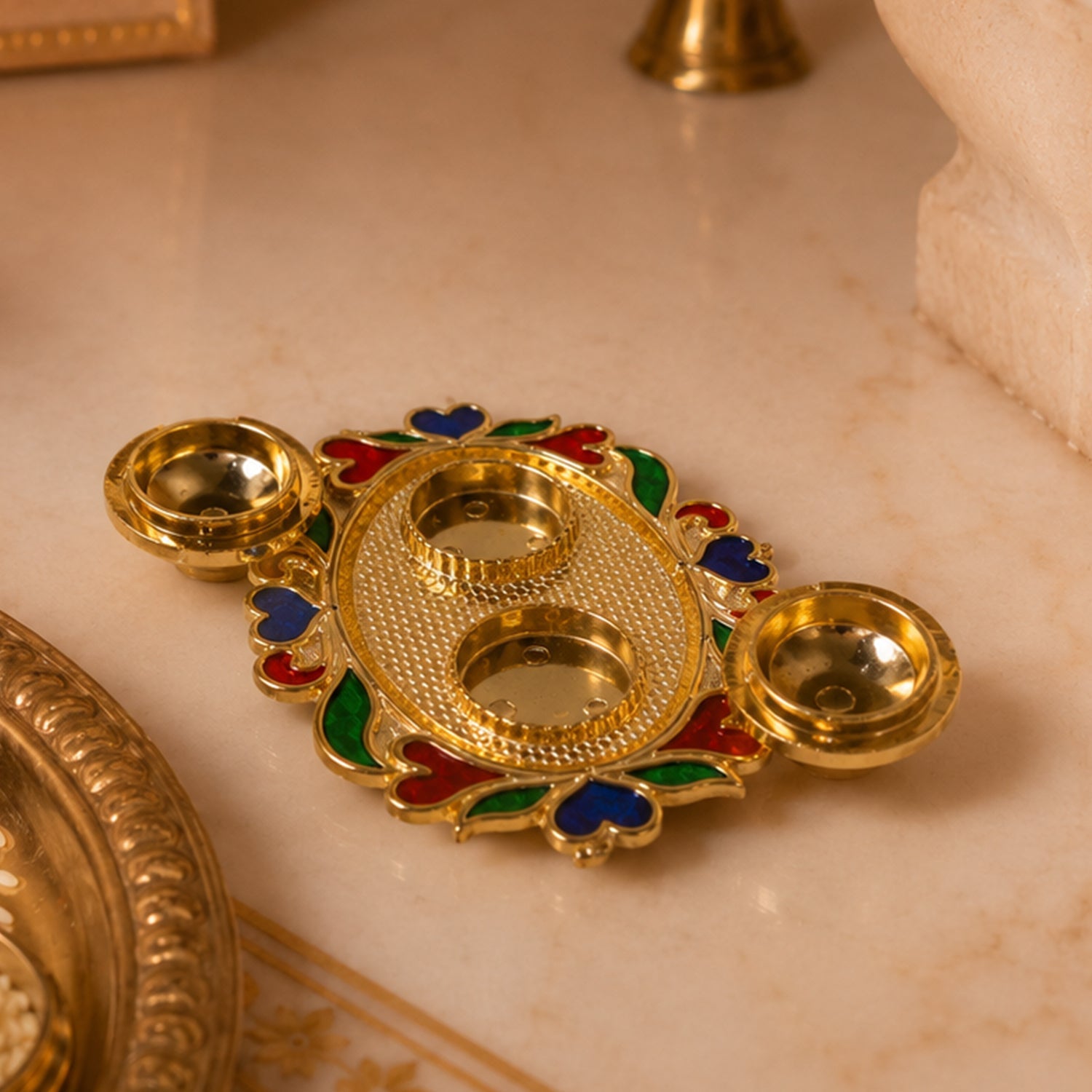 Decorative Kankavati Kumkum Holder Golden Enamel Pooja Thali With Bowls (1 Pc)