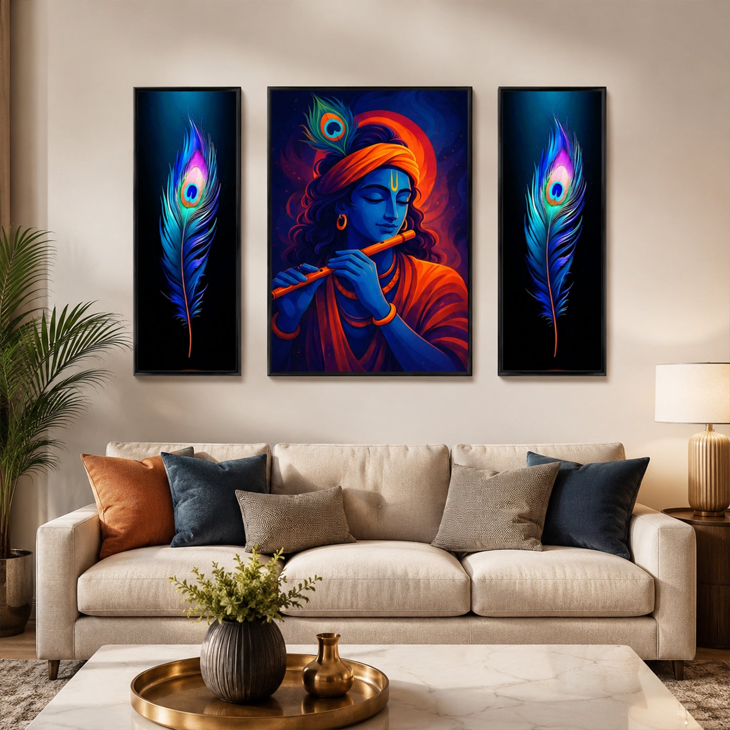 Krishna 3 Panel Mdf Wall Frame Wall Art Painting 16.5x12in (1 Pc)