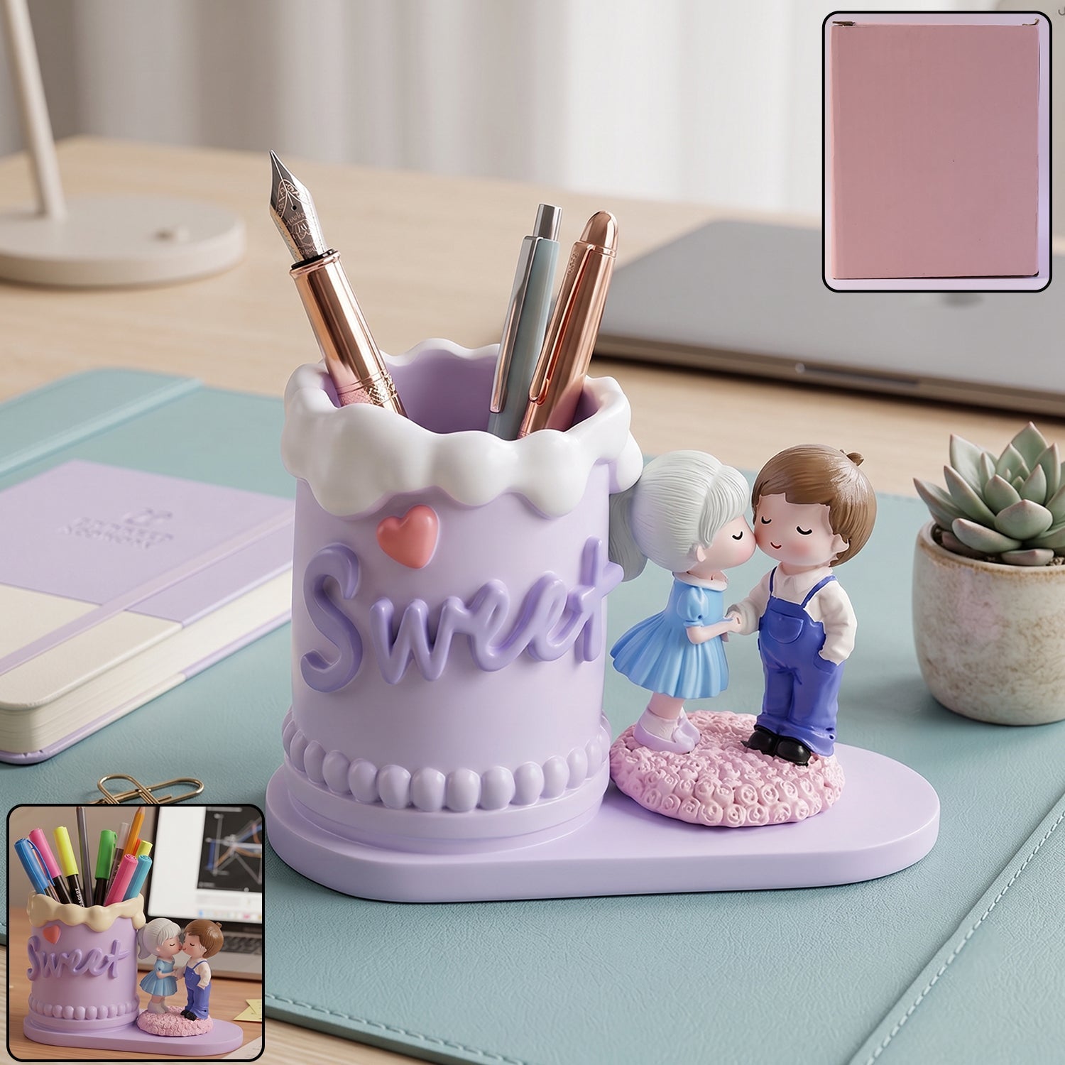 Sweet Couple Pen Holder Stand Cute Resin Desk Organizer Pencil Cup (1 Pc)