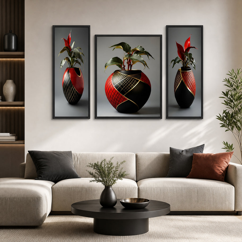 Flower Vase 3 Panel Mdf Wall Frame Home Decor Floral Art 16.5x12in (1 Pc)