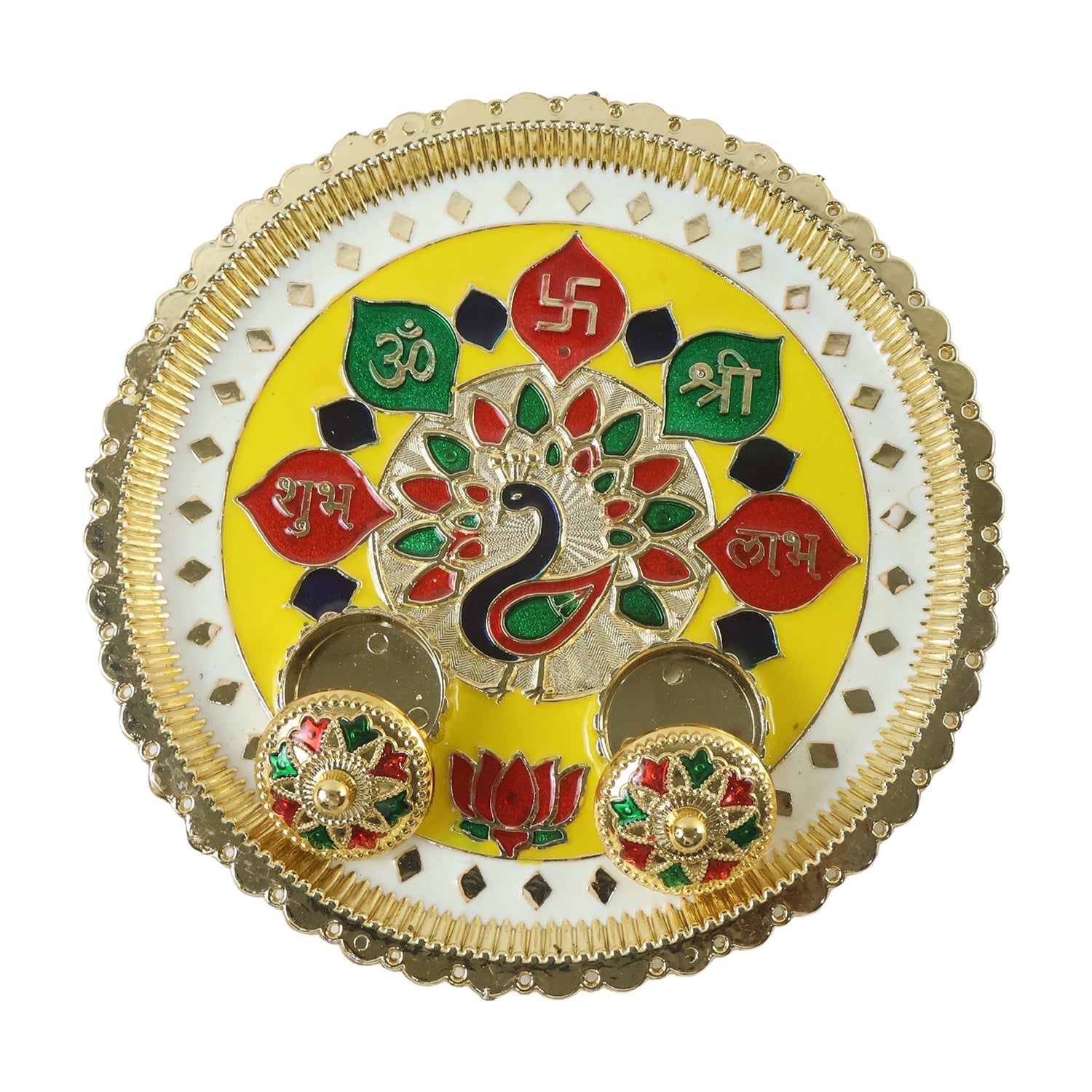 Big Decorative Pooja Thali Golden Meenakari Puja Plate With Kumkum Bowls (1 Pc)