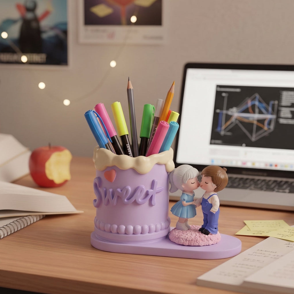 Sweet Couple Pen Holder Stand Cute Resin Desk Organizer Pencil Cup (1 Pc)