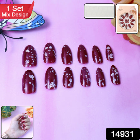 Premium Burgundy Artificial Nai - (Mix Design  1 Set)