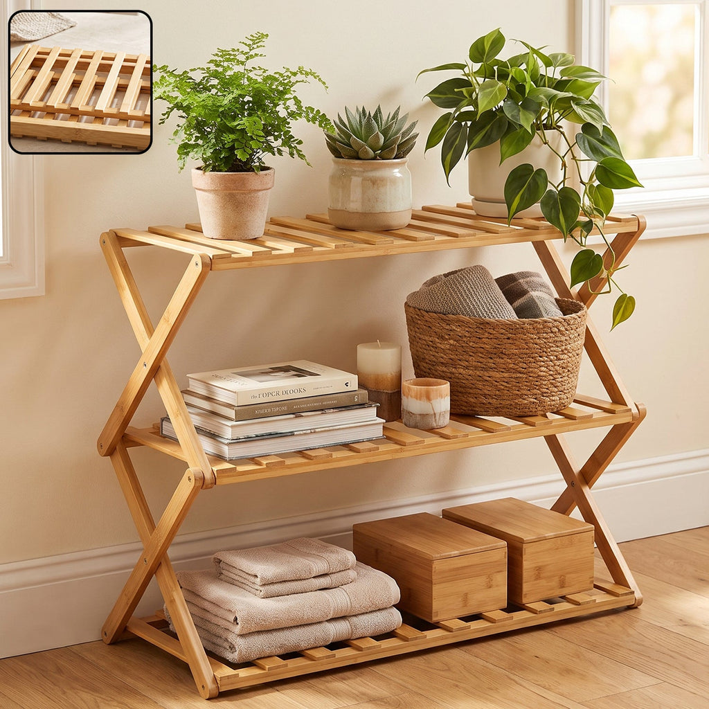 3 Layer Foldable Bamboo Shoe Rack Multi-purpose Storage Shelf (1 Set)