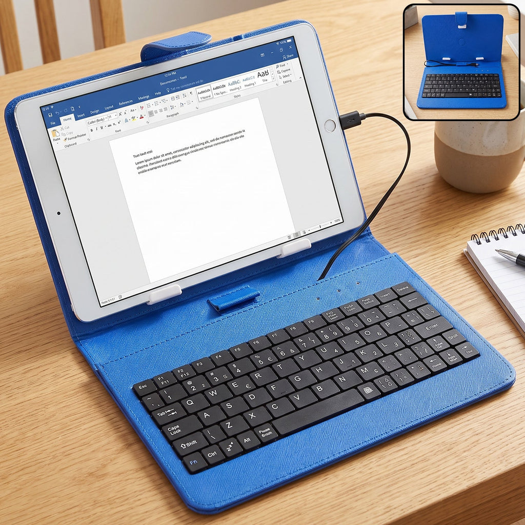 Portable Wired Tablet Keyboard with PU Leather Flip Case and Stand (1 Pc) - Image 1