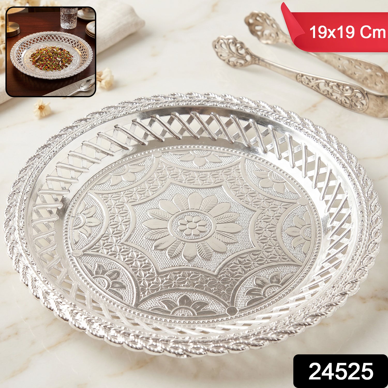 Decorative Silver Serving Tray  Elegant Round Floral Design