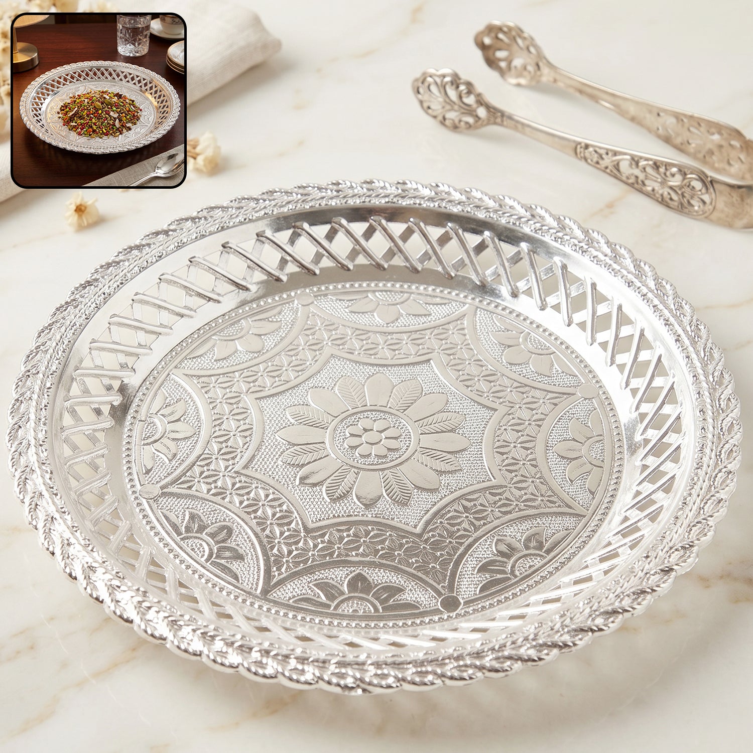 Decorative Silver Serving Tray  Elegant Round Floral Design