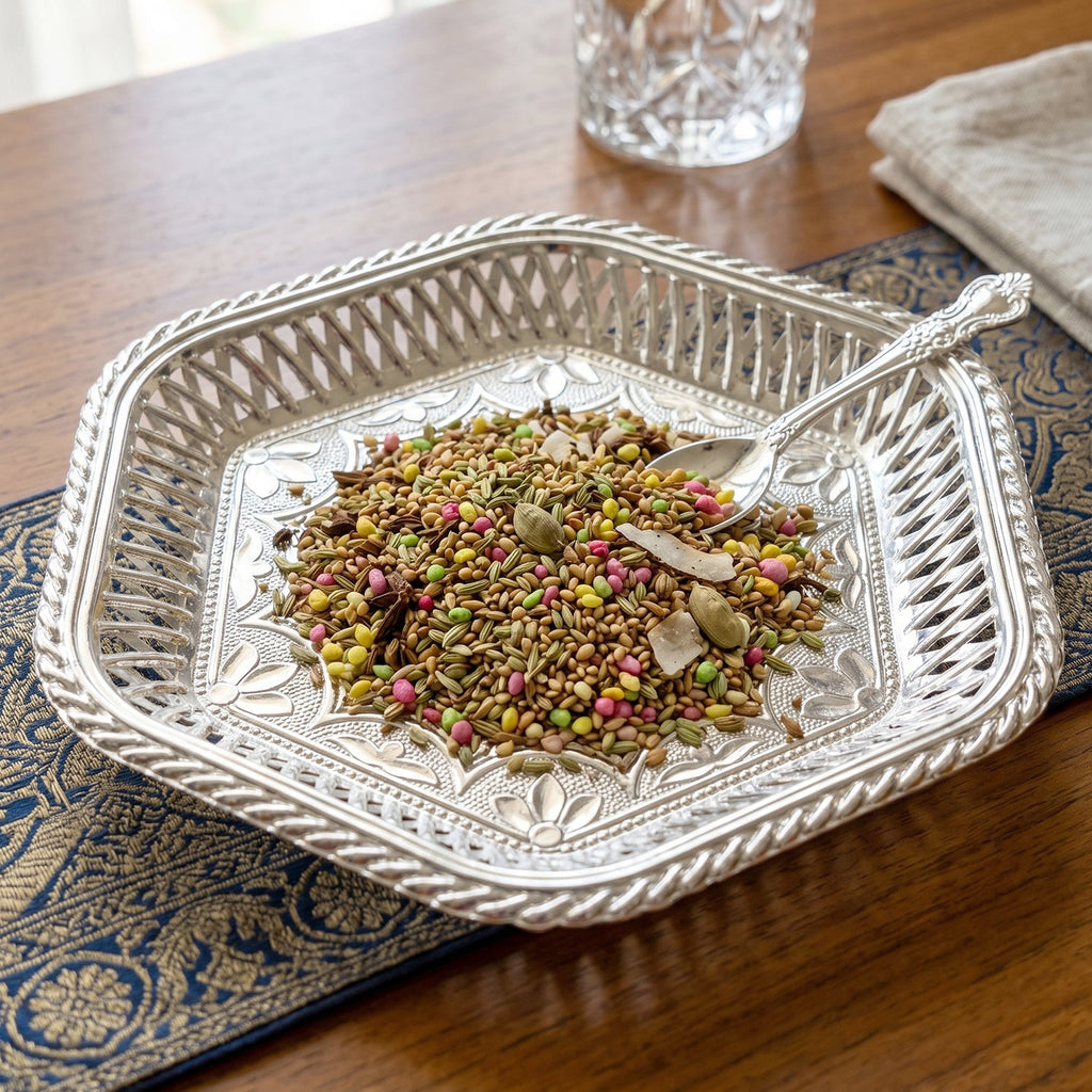 Decorative Silver Serving Tray  Traditional Embossed Floral Design