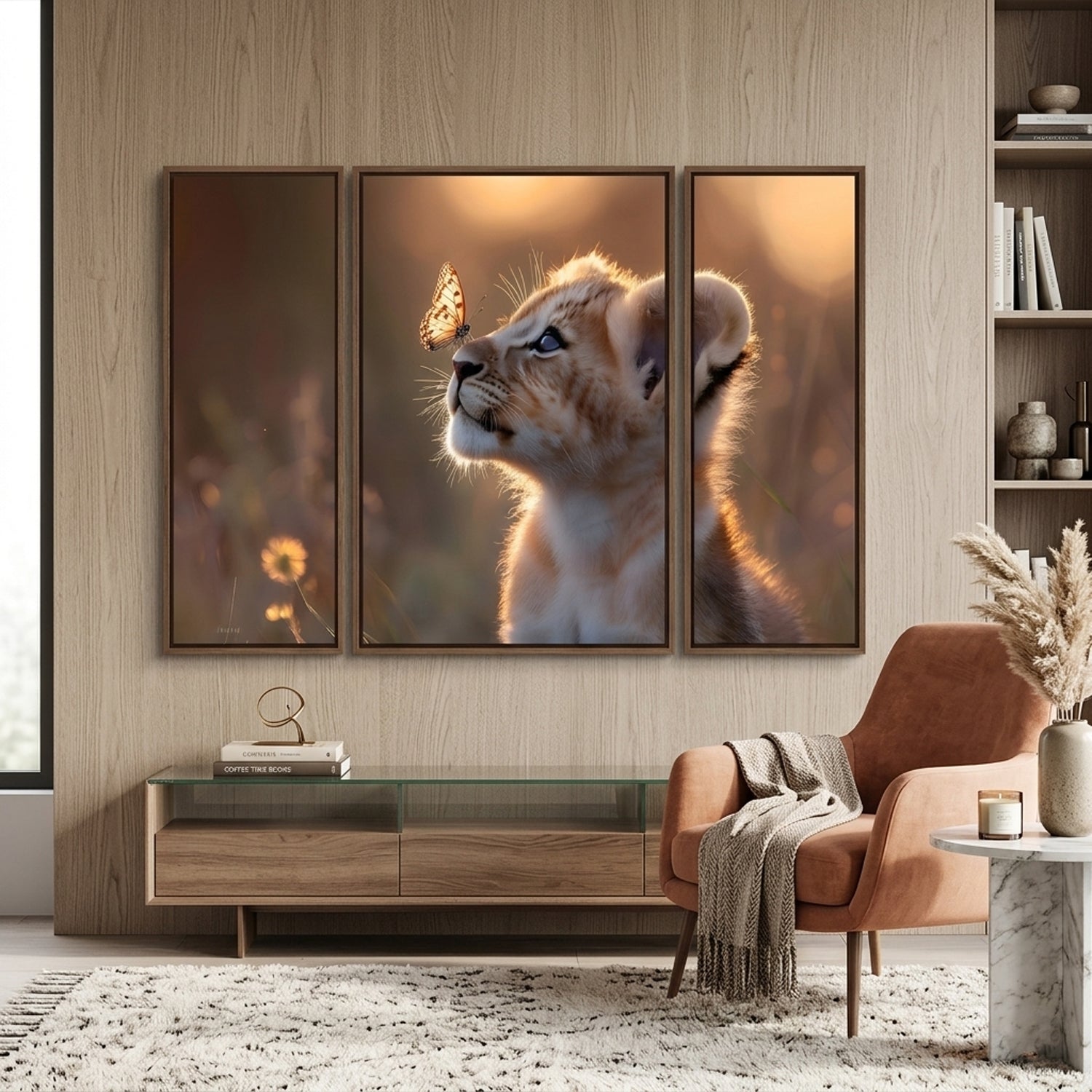 Lion Cub 3 Panel Mdf Wall Frame Wall Art Painting 16.5x12in (1 Pc)