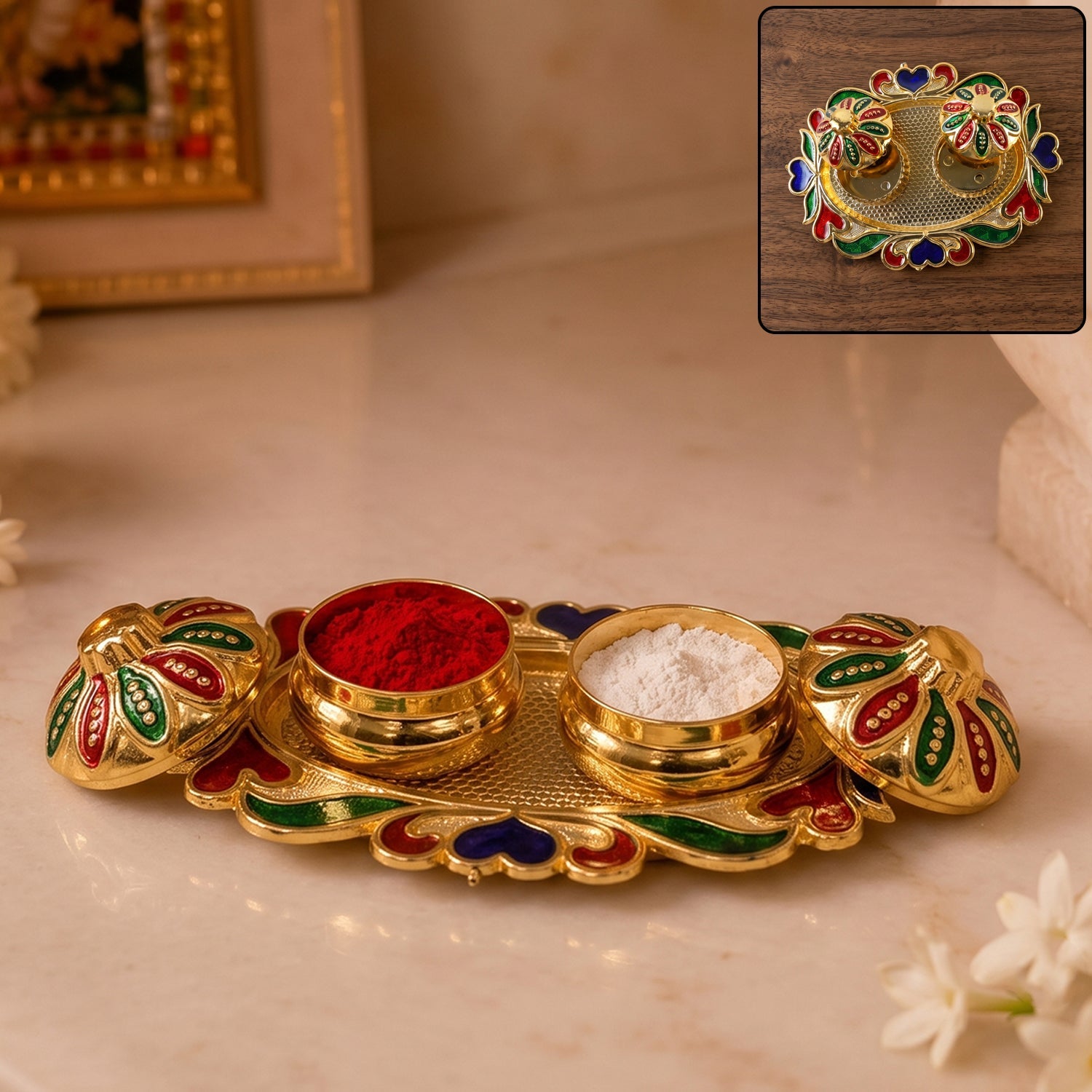 Decorative Kankavati Kumkum Holder Golden Enamel Pooja Thali With Bowls (1 Pc)