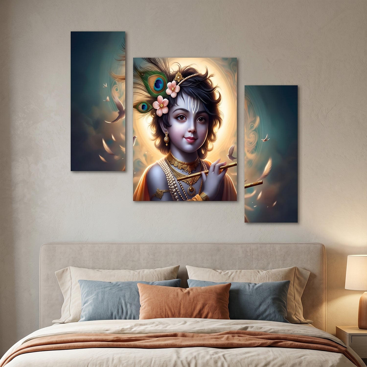Krishna N Flute 3 Panel Mdf Wall Frame Wall Art Painting 16.5x12in (1 Pc)