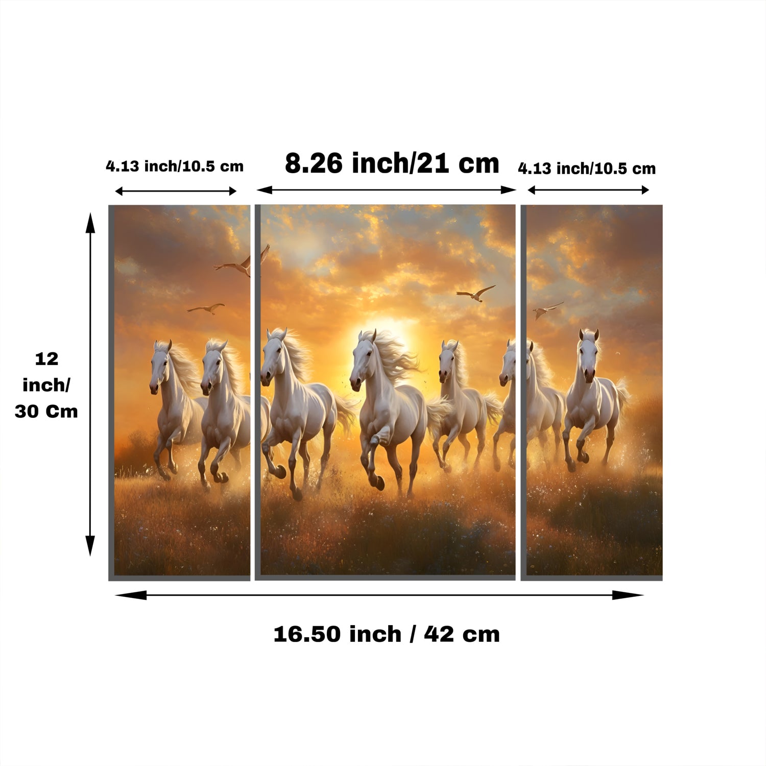 Horses Sunset 3 Panel Mdf Wall Frame Wall Art Painting 16.5x12in (1 Pc)