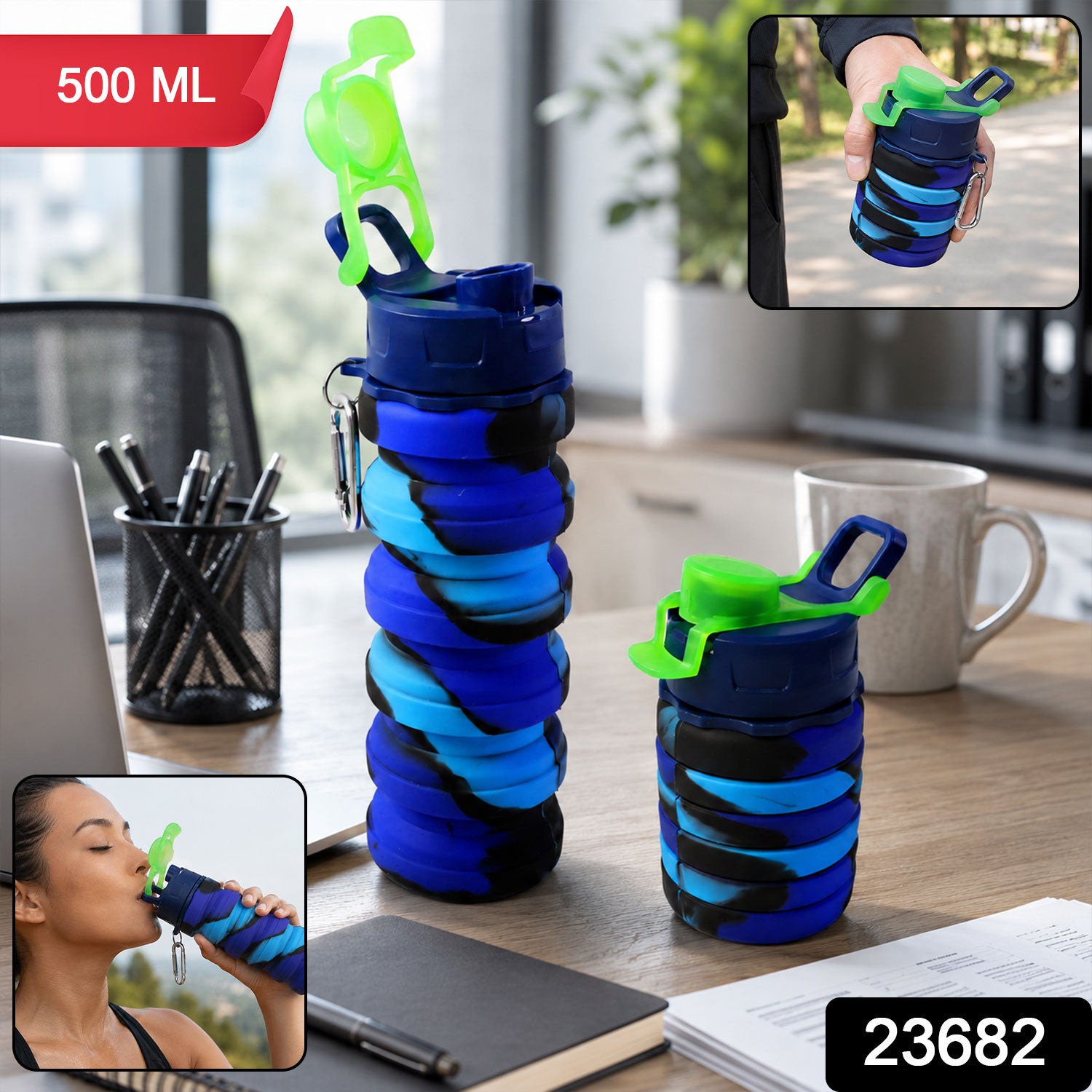 Sili Fold Collapsible Silicone Water Bottle Leakproof With Carabiner (500ml)