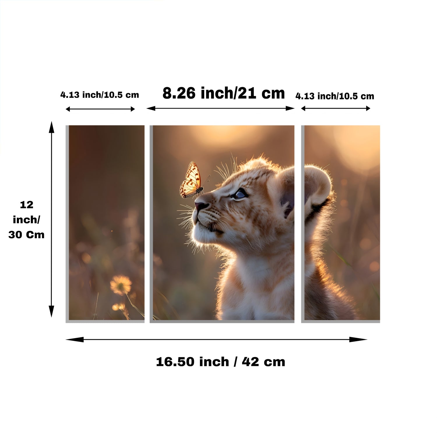 Lion Cub 3 Panel Mdf Wall Frame Wall Art Painting 16.5x12in (1 Pc)