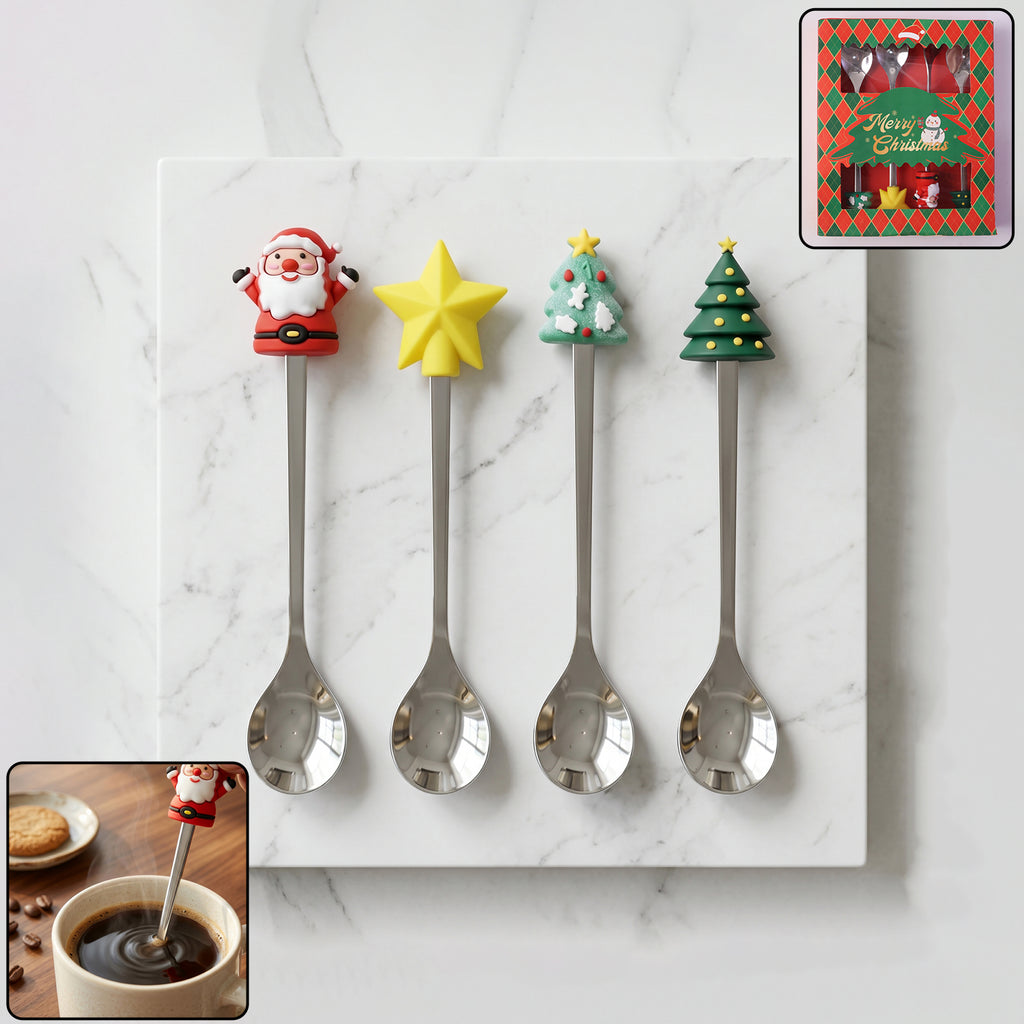Golden Cartoon Spoon Set With Gift Box Steel Dessert Coffee Tea Spoons (4 Pc Set)