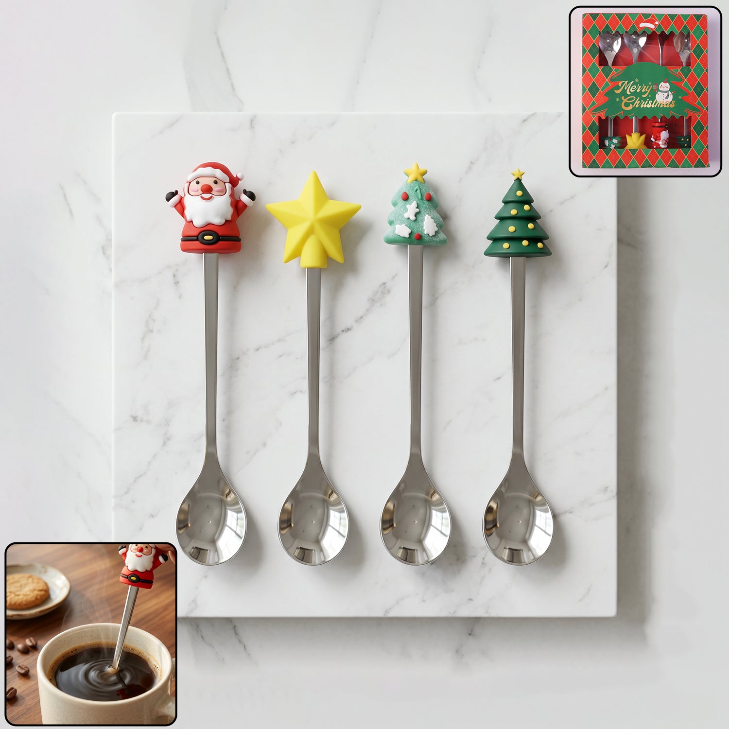 Golden Cartoon Spoon Set With Gift Box Steel Dessert Coffee Tea Spoons (4 Pc Set)