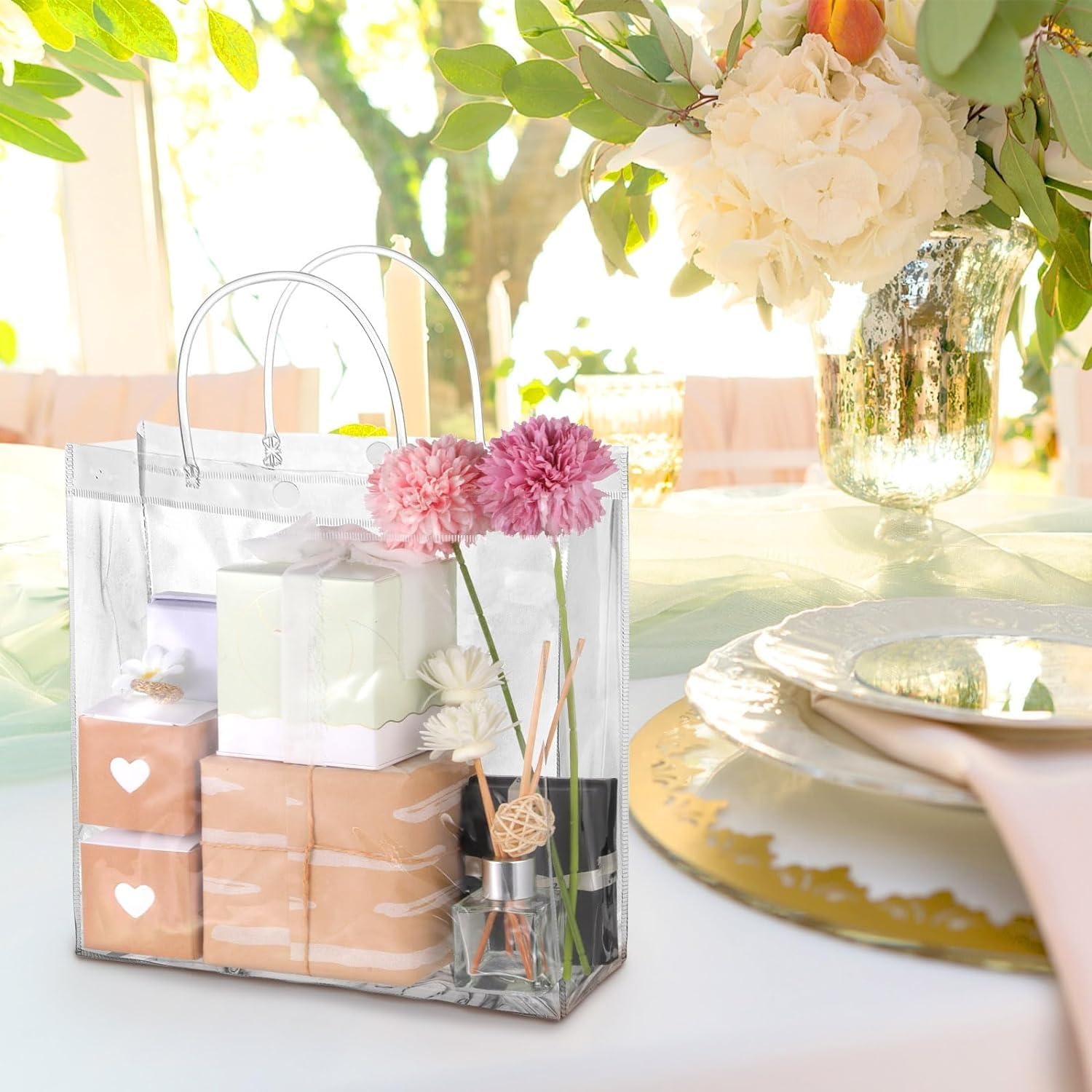 Medium Transparent PVC Plastic Bag Goodie Bags With Handle Gift bag, Carry Bags, gift bag, gift for Gifting, Return Gifts, Birthday, Wedding, Party, Festivals, Events (Medium)(24 X 24 x 8)cm - Image 1