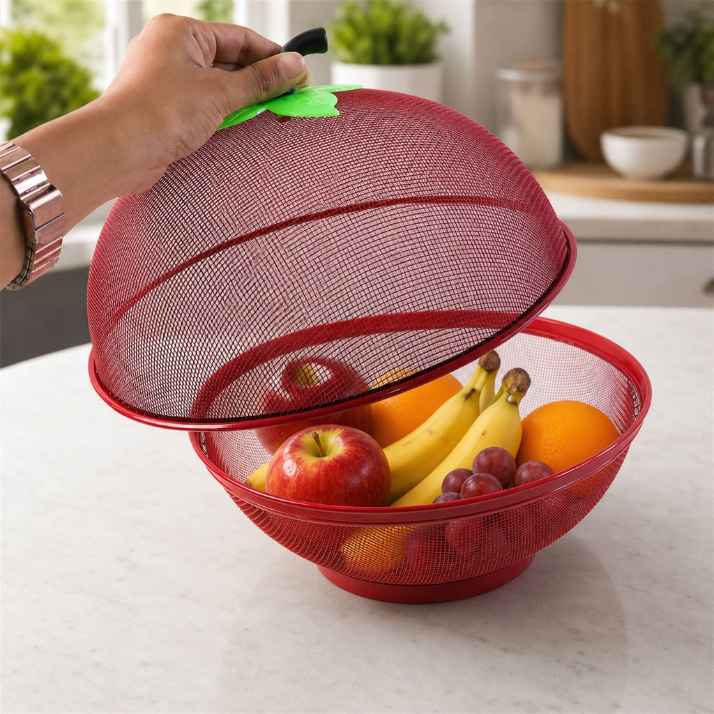 Metal Net Fruit Basket With Apple Shaped Dome Cover For Kitchen Use (1 Pc)