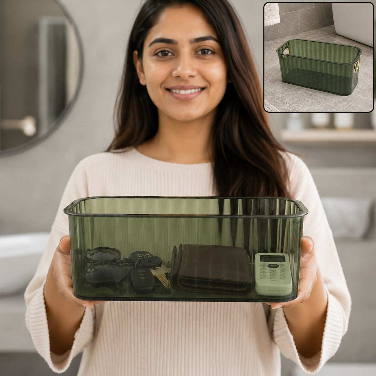 Plastic Storage Basket Transparent Ribbed Organizer with Handles (1 Pc) - Image 1