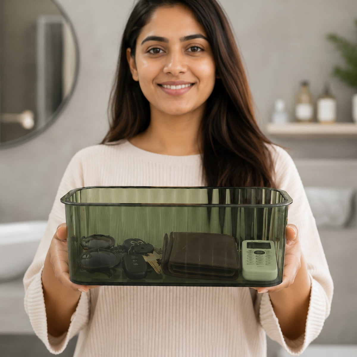 Plastic Storage Basket Transparent Ribbed Organizer with Handles (1 Pc) - Image 4