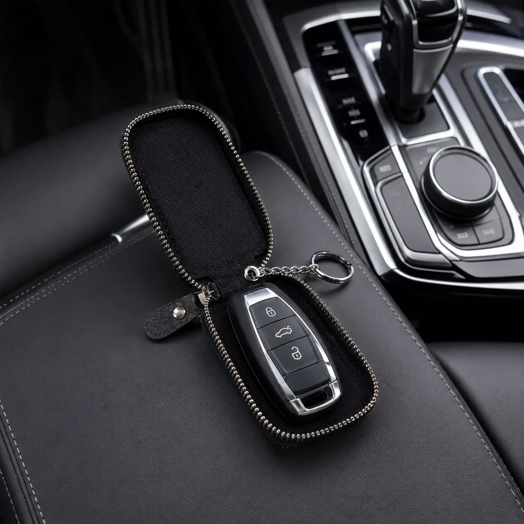 Leather Car Key Case Holder Pouch For Smart Remote With Zip And Clip (1 Pc)