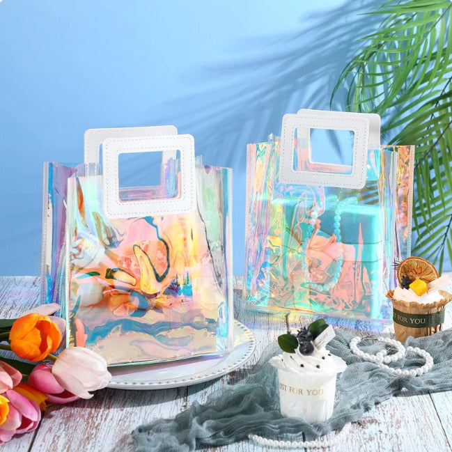 Transparent Bag with Square Handle, Goodie Bags, Clear Gift Bag, Hamper Bag, Carry Bags, Shopping Gift Bag, Gifting, Presents, Return Gifts, Birthday, Festivals, Events, wedding Gifting (Rainbow) (Small) (20 x 18) - Image 2
