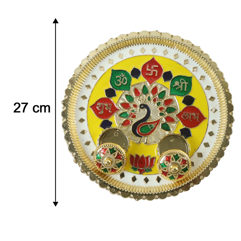 Big Decorative Pooja Thali Golden Meenakari Puja Plate With Kumkum Bowls (1 Pc)