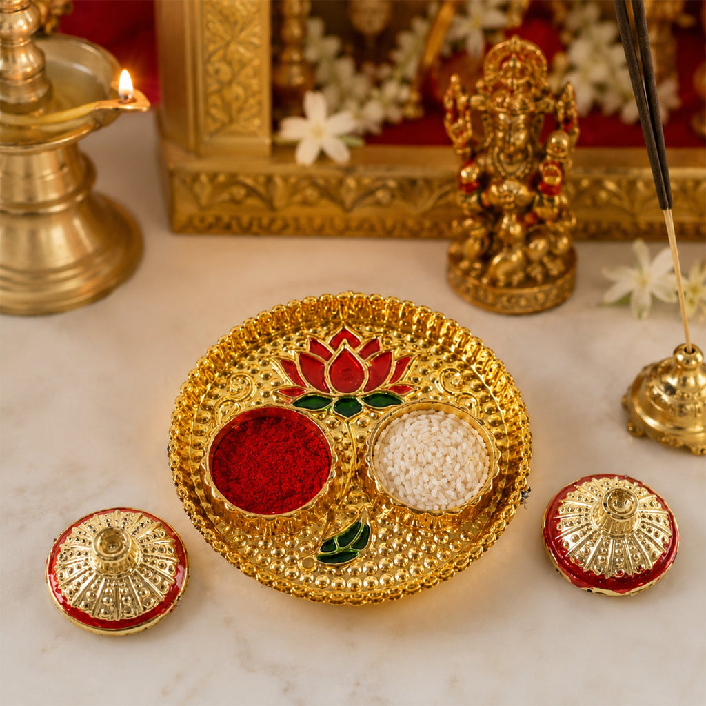 Round Kankavati Kumkum Holder Decorative Pooja Thali With Lotus Design (1 Pc)