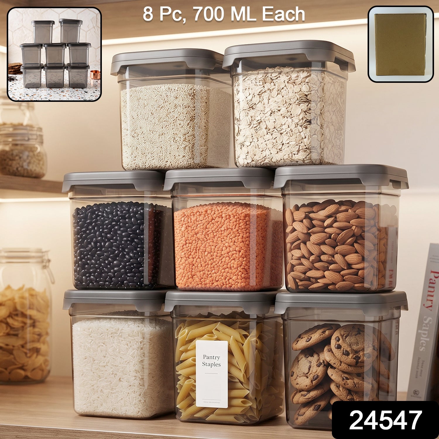 Plastic Food Storage Container Set 700ml Airtight Pantry Jars (8 Pc Set)